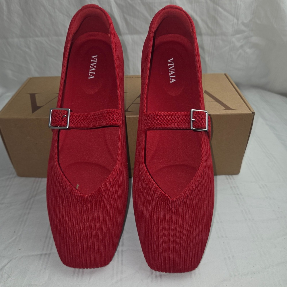 VIVAIA Margot Mary Jane Ruby Red Square Toe Knit Flats EU 37.5 US 7 - Picture 5 of 16